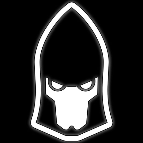 Tall pointed helm mask with narrow eyes, white on black, tile for star elf xenos 16mm dice
