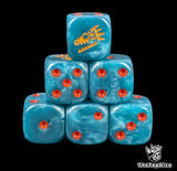 Blue 16mm resin D6 dice with gold saurian face rune emblem and red pips, hand painted for fantasy lizard armies and tabletop wargaming