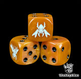 Close-up of an orange D6 die with a white wasp alien head