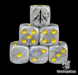 Silver resin D6 dice with a black sword emblem and yellow pips for sci-fi knights