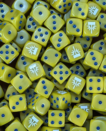 Pile of yellow storm hammer 16mm D6 dice for a fantasy celestial army