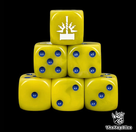 Yellow 16mm D6 dice with a white storm hammer emblem and blue pips for fantasy wargaming