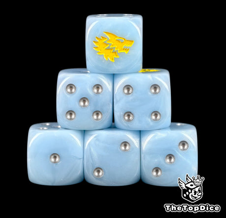 Six sky blue Space Wolves D6 stacked, silver pips and a yellow wolf