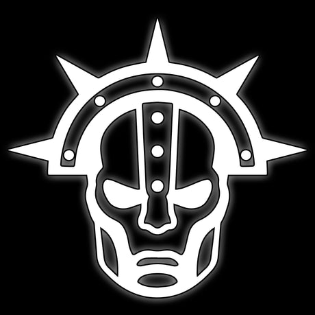 Helmed knight face inside a spiked halo, white on black, tile for storm knight 16mm dice