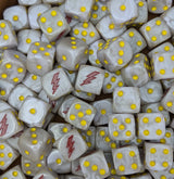 Pile of white and grey storm rider 16mm D6 dice for a sci-fi fast attack army