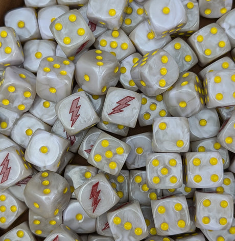 Pile of white and grey storm rider 16mm D6 dice for a sci-fi fast attack army