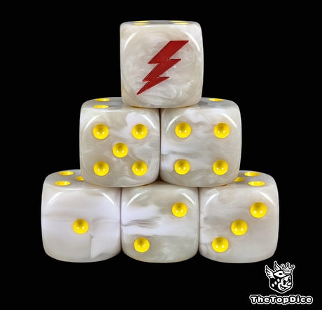 White and grey 16mm D6 dice with a red lightning bolt emblem and yellow pips for sci-fi wargaming