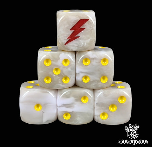White and grey 16mm D6 dice with a red lightning bolt emblem and yellow pips for sci-fi wargaming
