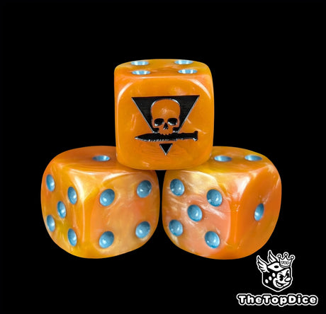 Close up of an orange 16mm resin D6 die engraved with a triangle holding a skull biting a knife