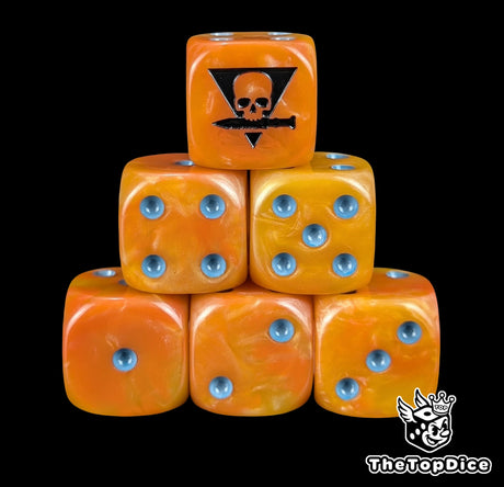 Orange 16mm D6 dice with a triangle skull biting a knife emblem and blue pips for sci-fi wargaming