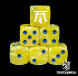 Yellow resin D6 dice with a white temple and flame and blue pips