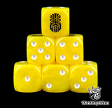 Six bright yellow Votann D6 stacked, white pips and a black kin rune