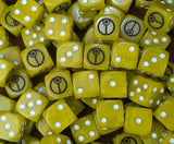 Pile of yellow caste 16mm D6 dice for a sci-fi recon army