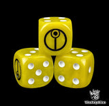 Close up of a yellow 16mm resin D6 die engraved with a circular caste sigil and white pips
