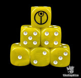 Yellow 16mm D6 dice with a circular caste sigil and white pips for sci-fi wargaming