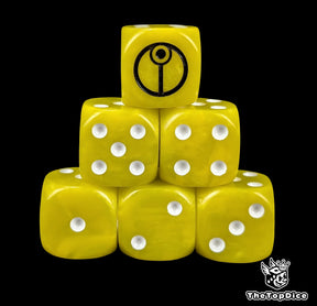 Yellow 16mm D6 dice with a circular caste sigil and white pips for sci-fi wargaming