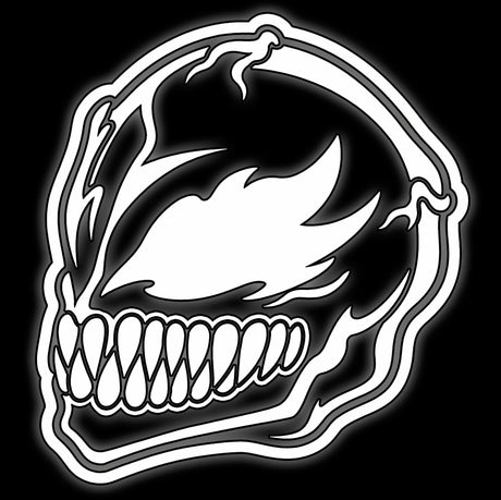 Masked hero face with a wide toothy grin, white on black, superhero skirmish 16mm token dice