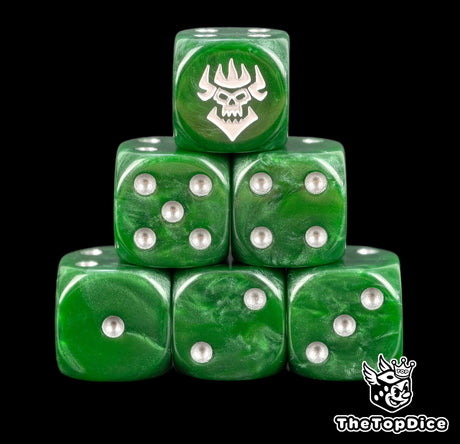 Six swamp green Kruleboyz orc D6 stacked, silver pips and a white skull