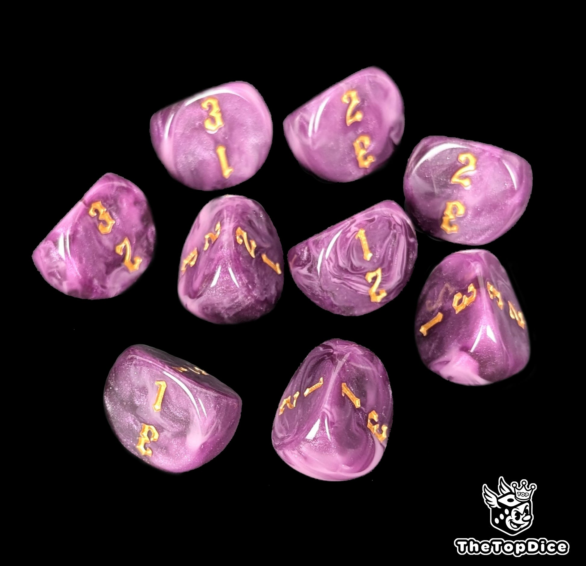 Custom 3-sided dice in purple and gold for RPG