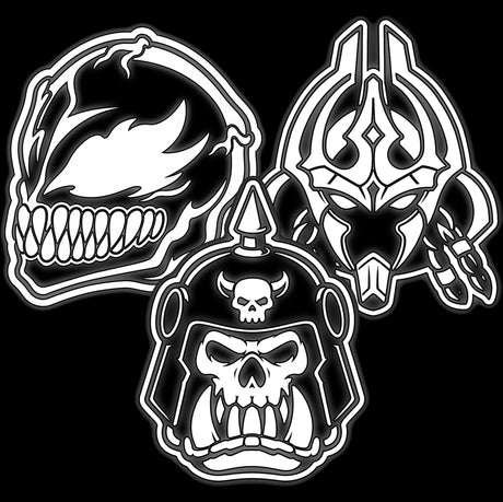 Fanged grinning mask, horned skull helmet and clawed armoured figure icons for 16mm tabletop game dice