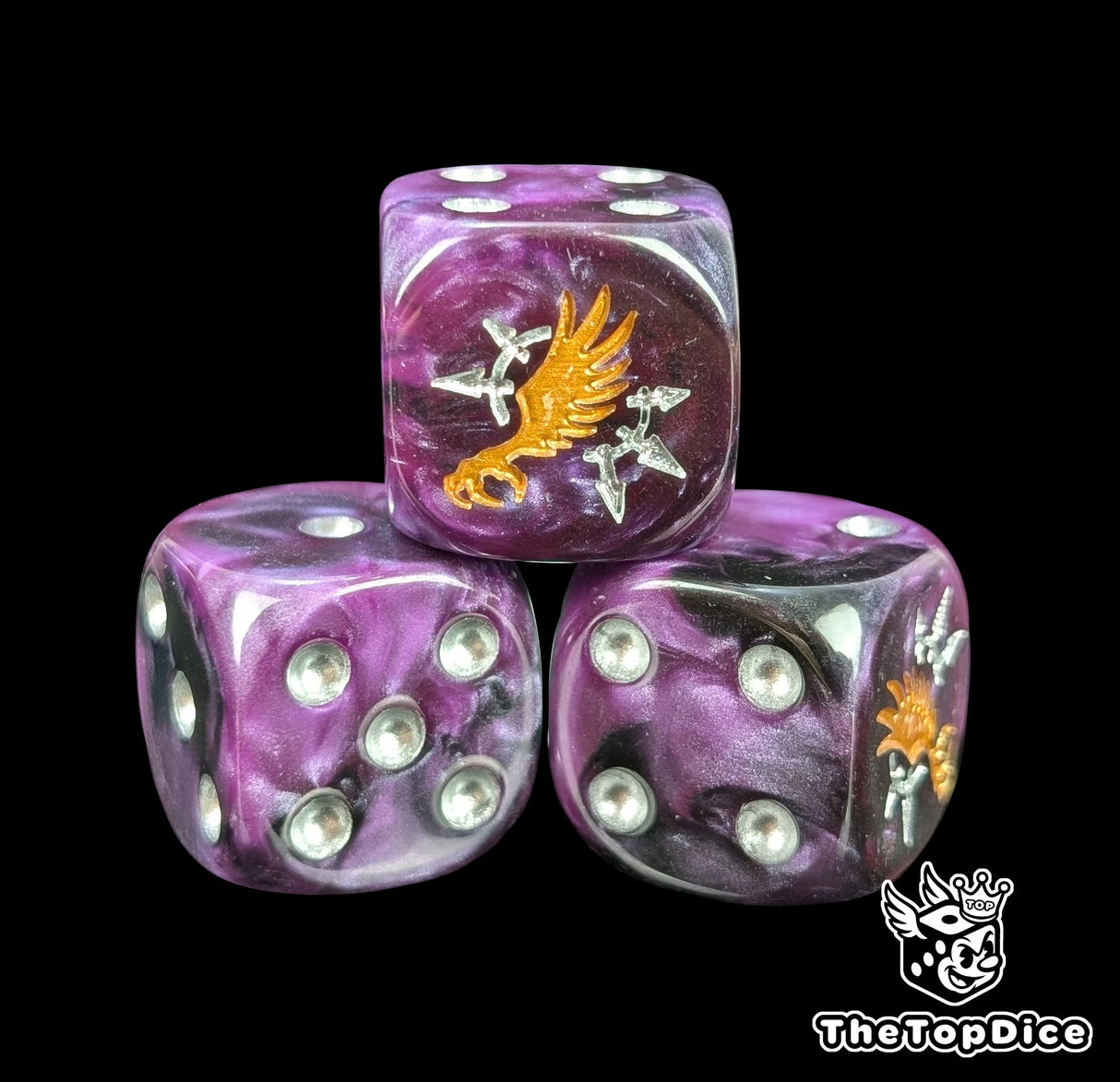 Close-up of a purple D6 die with a gold winged claw