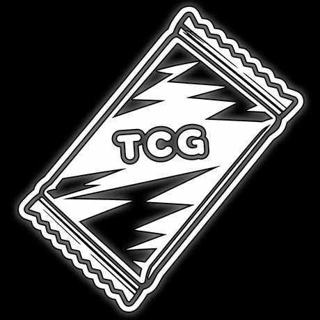 Line art trading card booster pack with lightning bolts and TCG label for 16mm counter dice