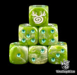 Six lime green Sylvaneth D6 stacked, teal pips and antler spiral