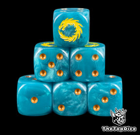 Six teal Thousand Sons dice stacked, yellow coiled dragon above gold pips