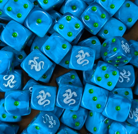 Pile of teal hydra 16mm D6 dice for a sci-fi hidden legion army