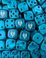Pile of teal raider sigil 16mm D6 dice for a sci-fi dark elf army