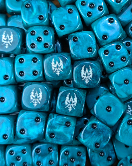 Pile of teal raider sigil 16mm D6 dice for a sci-fi dark elf army