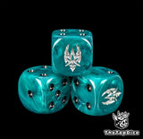 Close up of a teal 16mm resin D6 die engraved with a silver raider sigil and black pips