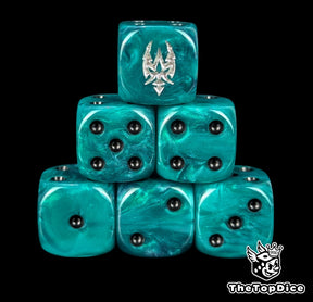 Teal 16mm D6 dice with a silver raider sigil emblem and black pips for sci-fi wargaming