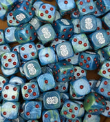 Pile of teal tech dwarf 16mm D6 dice for a sci-fi dwarf army