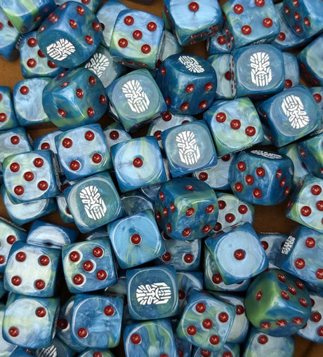 Pile of teal tech dwarf 16mm D6 dice for a sci-fi dwarf army