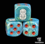 Close up of a teal 16mm resin D6 die engraved with a white rune and a stern face and red pips