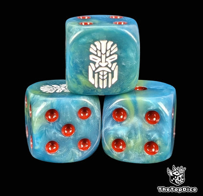 Close up of a teal 16mm resin D6 die engraved with a white rune and a stern face and red pips