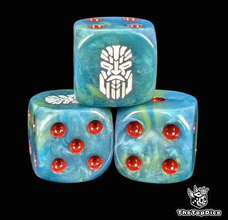 Close up of a teal 16mm resin D6 die engraved with a white rune and a stern face and red pips
