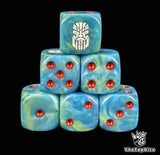 Teal 16mm D6 dice with a white rune face emblem and red pips for sci-fi wargaming