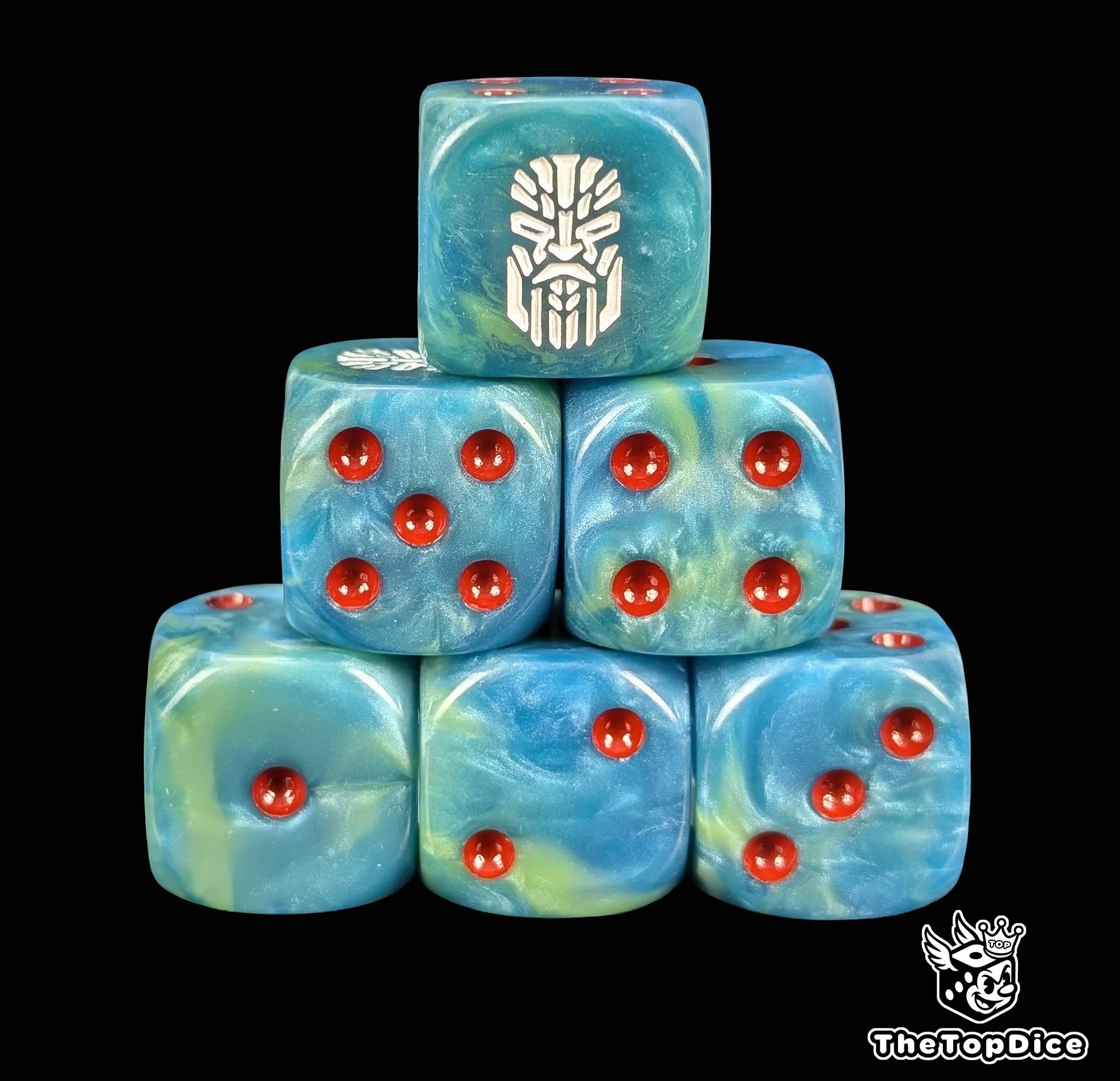 Teal 16mm D6 dice with a white rune face emblem and red pips for sci-fi wargaming