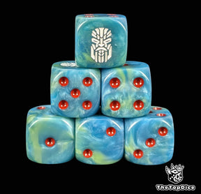 Teal 16mm D6 dice with a white rune face emblem and red pips for sci-fi wargaming