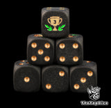Third place trophy dice, matte black 16mm D6 with bronze pips and a bronze podium cup in a green laurel, a tournament prize for board games and game nights