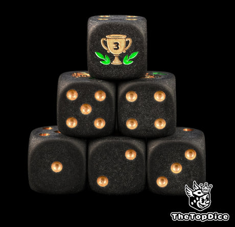 Third place trophy dice, matte black 16mm D6 with bronze pips and a bronze podium cup in a small green laurel, a game night prize and tournament award