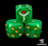 Close-up of three green 16mm grimdark D6 dice engraved with a white thorn chalice emblem