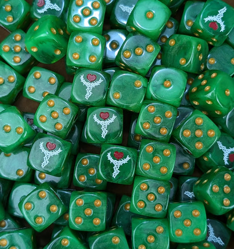 Full tray of green Thorn Chalice Elves D6 dice for tabletop wargaming and RPGs