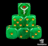 Green 16mm resin D6 dice with white thorn chalice emblem and gold pips, hand painted for sci-fi space elf armies and tabletop wargaming