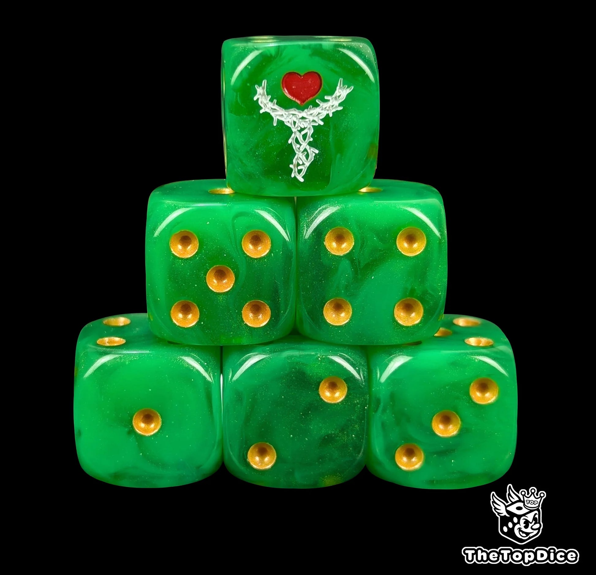 Green 16mm resin D6 dice with white thorn chalice emblem and gold pips, hand painted for sci-fi space elf armies and tabletop wargaming
