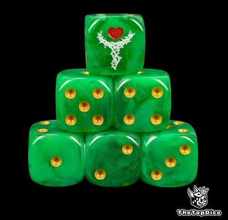 Green 16mm resin D6 dice with white thorn chalice emblem and gold pips, hand painted for sci-fi space elf armies and tabletop wargaming