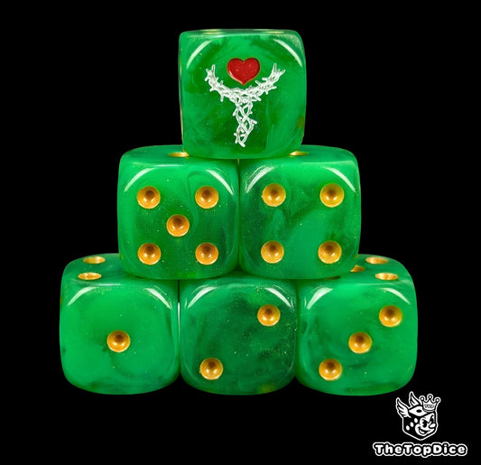 Green 16mm resin D6 dice with white thorn chalice emblem and gold pips, hand painted for sci-fi space elf armies and tabletop wargaming