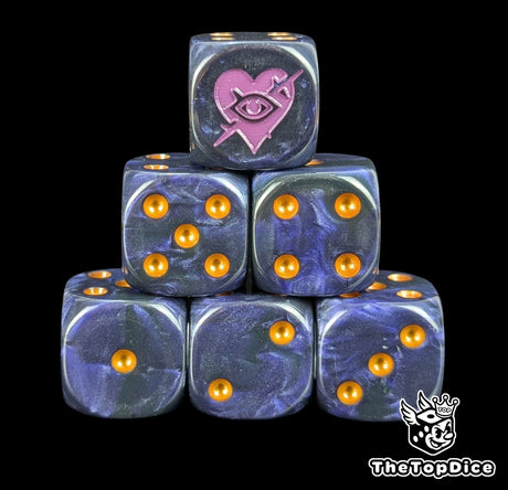 Black and purple 16mm D6 dice with a purple barbed heart emblem and gold pips for sci-fi wargaming